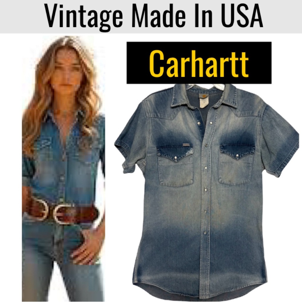 Vintage Carhartt Denim Shirt USA Pearl Snap Chore Distressed Jean Short Sleeve